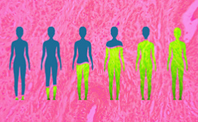 Six blue bodies in a row are filled gradually with yellow against a pink background.