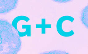 Teal letters G + C are set against a pink background with virus cells around it.