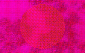 A bright pink circle is against a darker pink patterned background.