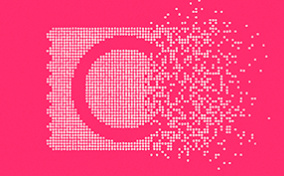 White dots arranged in a rectangular pattern scatter on the right side along a hot pink surface.