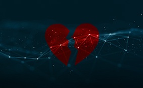 A red heart breaks against a constellation in a dark starry sky.
