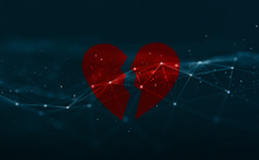A red heart breaks against a constellation in a dark starry sky.
