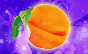A purple tinted hand holds a brightly glowing orange peach. 