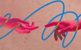 Two red-tinted hands reach towards one another and a swirling blue line wraps around both.