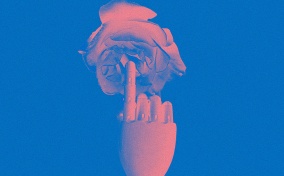 A pink robotic finger touches the center of a pink rose against a blue background.