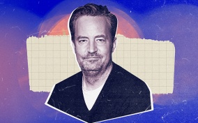The bust of Matthew Perry sits against an off-white strip of grid paper.