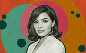 A black and white photo of Olivia Culpo is layered on a collage of different colored circles and an orange background.