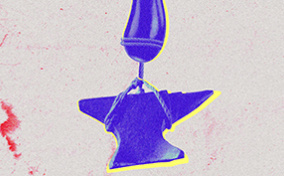 An eggplant has a rope around it with an anvil below on the other end.