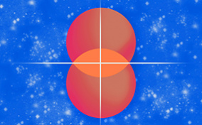 Two orange circles partially overlap with white crosshairs in the middle against a blue background.