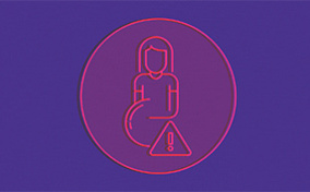 Pink neon lights on a purple background outline a pregnant figure and a triangular warning symbol.