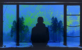A person looks through a window to a wintery forest outside under a foggy blue light.