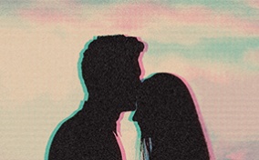 A couple's shadows show the taller person kissing the shorter person's forehead, and both are outlined in pink and blue.