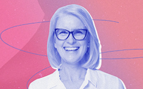 A senior woman smiles as a blue line circles around her with a pink gradient background.