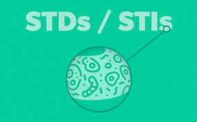 The abbreviations STDs and STIs are above a circle showing a virus cell close up against a green background.