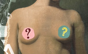 A painting showing the bust of a woman has two question marks over the breasts.
