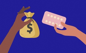 A hand on the left holds a bag with a dollar sign and another hand on the right holds a packet of birth control.