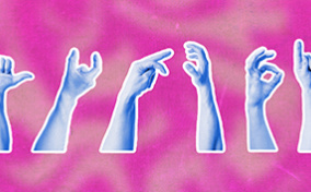 A set of five blue arms display different hand gestures against a cloudy pink background.