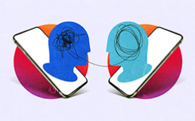 A black line connects two heads as each pop out of a cellphone screen facing each other.