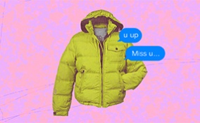 A yellow winter coat with two text chat bubbles on it is against a pink and orange textured background.