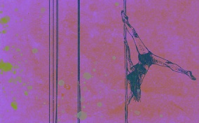 A sketched woman holds herself upside down on a pole in a split in front of a purple background.