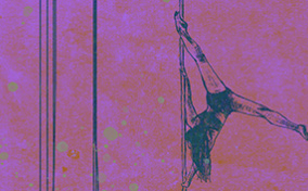 A sketched woman holds herself upside down on a pole in a split in front of a purple background.