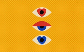 A half-open blue eye is between an eye with a red heart iris above and another with a blue heart iris below against a patterned yellow background.