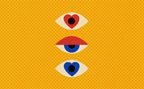 A half-open blue eye is between an eye with a red heart iris above and another with a blue heart iris below against a patterned yellow background.