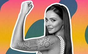 A woman flexes her left biceps with drawings of different birth control options on her arm.