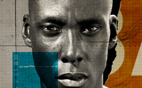 A close up of a man's face is layered by transparent color blocks of blue and orange.