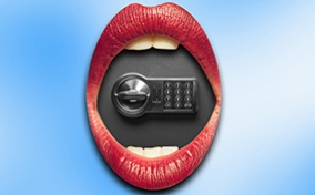 A safe sits inside a pair of red open lips against a blue and white cloudy background.