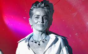 A black and white image of Sharon Stone with a mic in hand is on a pink and red background.