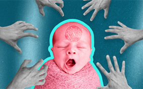 A pink newborn baby yawns as six grey hands reach to touch it despite a do not touch stamp on its head 