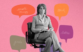 A sex therapist sits in a chair surrounded by different chat bubbles in a variety of colors.