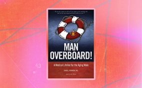 The cover for the book Man Overboard is against a pink and orange background.