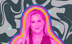 A pink image of Amy Schumer is layered on a swirled background of grey and black.