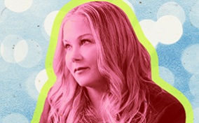 A pink photo of Christina Applegate is outlined in lime green and is in front of a white and blue background.