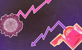 An STD virus cell has an arrow charting upwards and an open condom packet has an arrow charting downward.