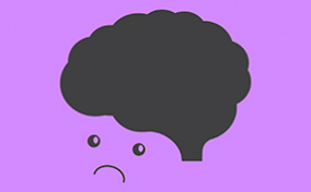 On a purple background, a black brain outline has a frowny face underneath.