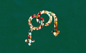 Male and female glyphs made of pills link together and curve downward against a green background.