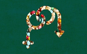 Male and female glyphs made of pills link together and curve downward against a green background.