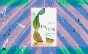 The cover of Unaging is layered on a green and blue close-up of a leaf.
