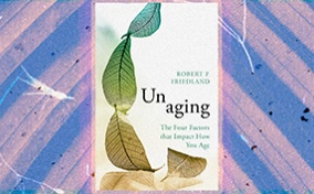 The cover of Unaging is layered on a green and blue close-up of a leaf.