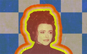 Multi-colored layers surround an image of Helena Bonham Carter with a blue and white checkered background.
