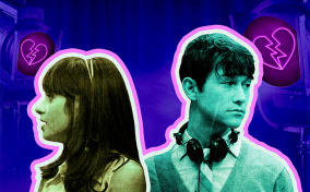 The main characters from 500 Days of Summer look away from one another with neon broken hearts floating by their heads.