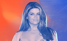 A pink and blue photograph of Kirstie Alley is collaged against an orange and blue background.