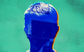 The outline of a man's head n a mint background is filled in with royal blue and.