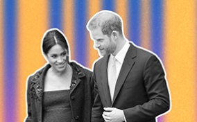 A black and white photo of Prince Harry and a pregnant Meghan Markle sits against a gold and bluish-purple striped background.