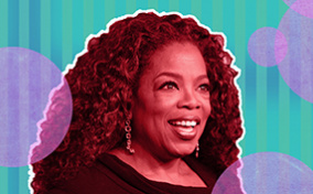 A red image of Oprah Winfrey smiling sits against a teal background with pink bubbles.