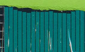 A bar graph is layered with a grey strip of paper below and a lime strip of paper above it.