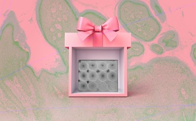 A pink gift box is open on the front side to show an STI screening test.